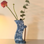 Vase bleu céramique anse en bois